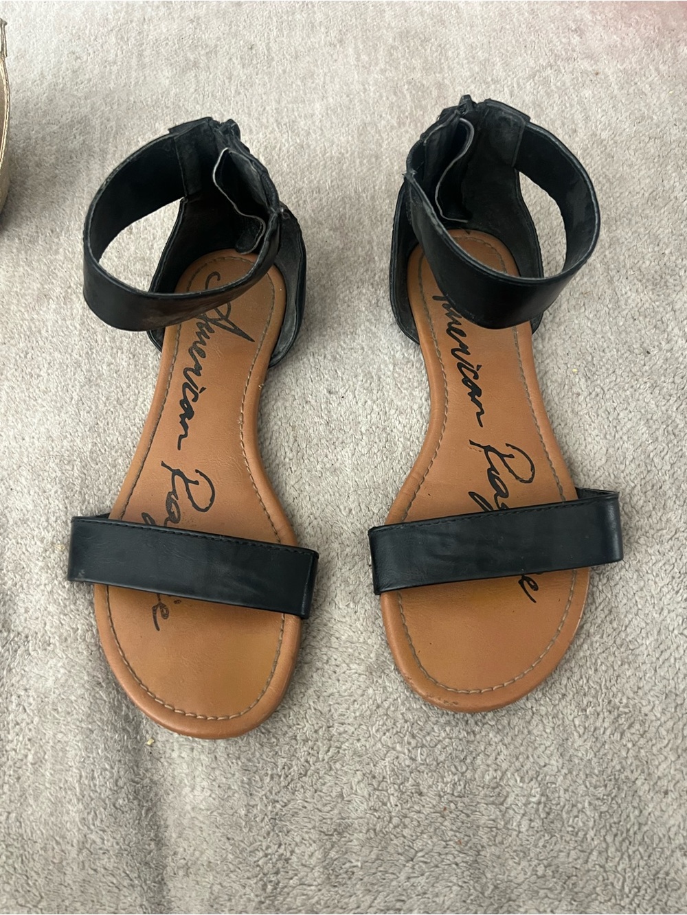American Rag Black and Tan Ankle-Strap Flat Sandals
